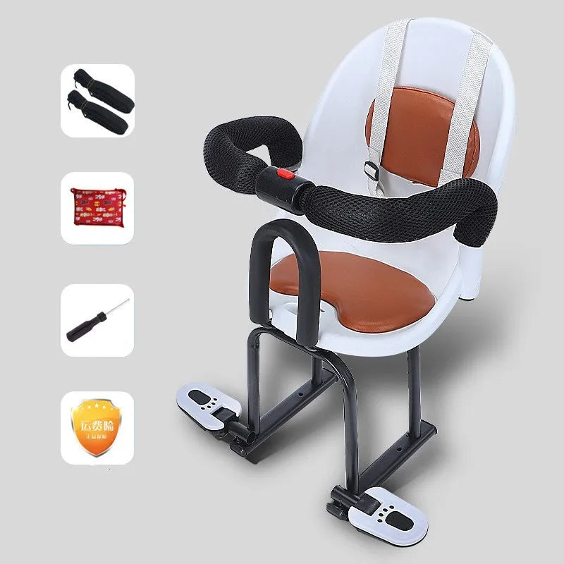Front-mounted child seat for a battery scooter with a black high carbon steel frame.