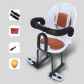 Front-mounted child seat for a battery scooter with a black high carbon steel frame.