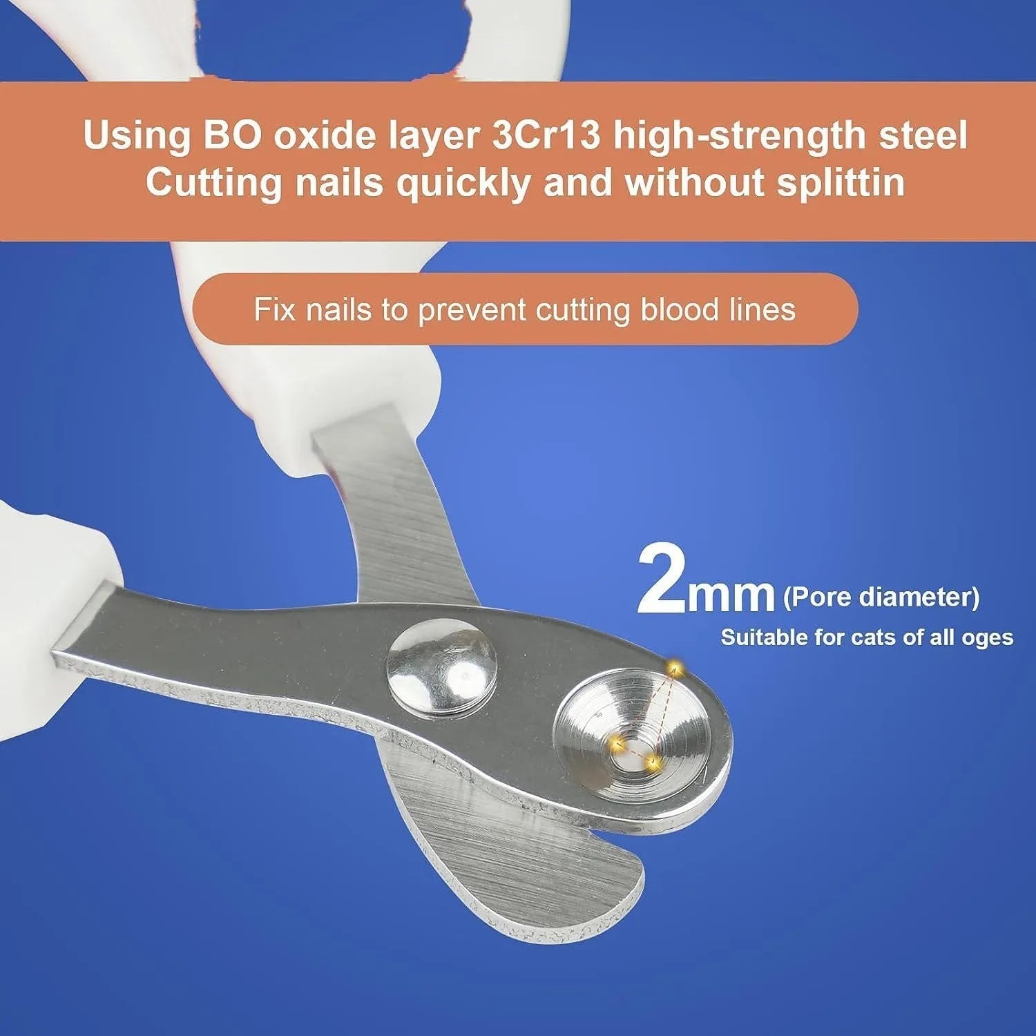Blue pet nail clippers with a circular cutting hole and cushioned non-slip handles.