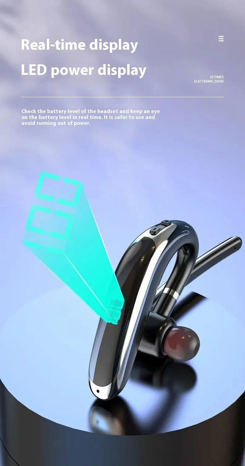 Wireless Bluetooth single-ear headset with digital display, ear-mounted design in black or white
