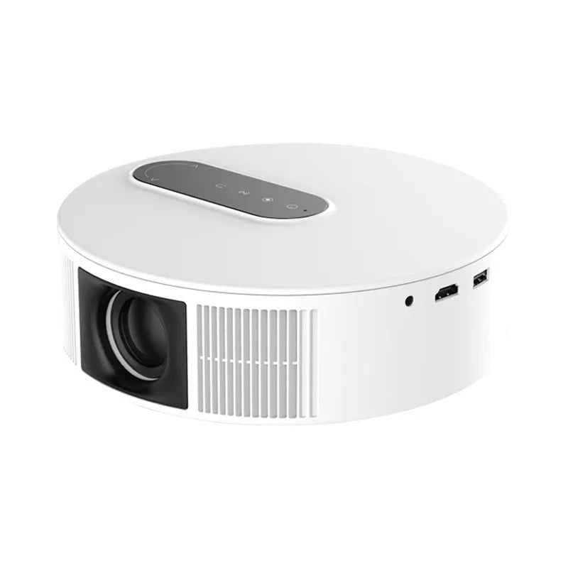 White HD home theatre smart projector with remote control on a stand