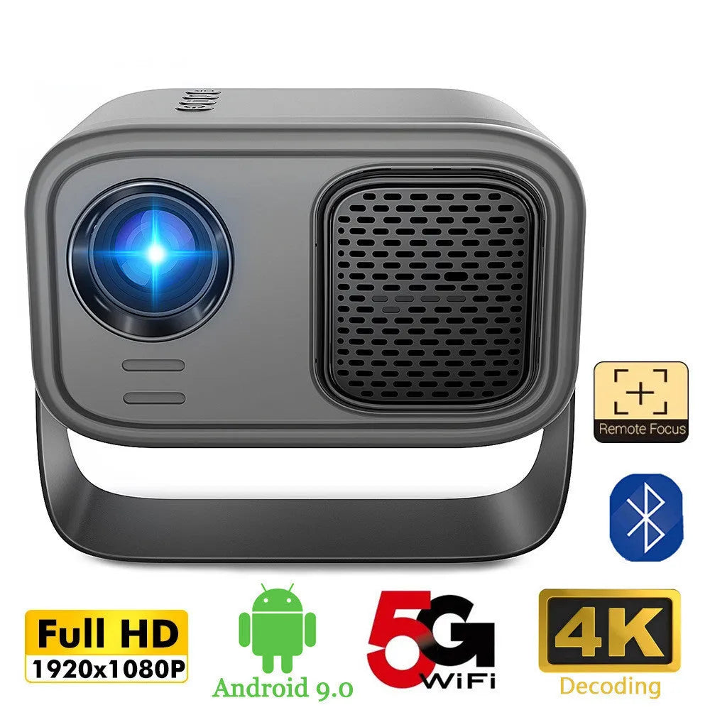 Black portable HD projector with Android OS showing 1280x720 resolution display