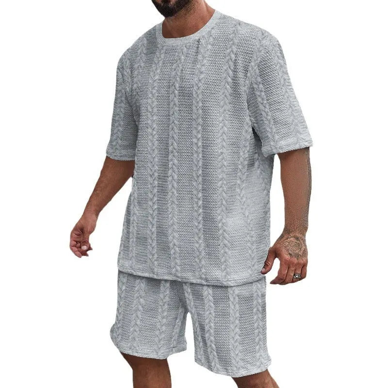 Men's knitted jacquard short sleeve pullover and matching shorts summer set on a hanger