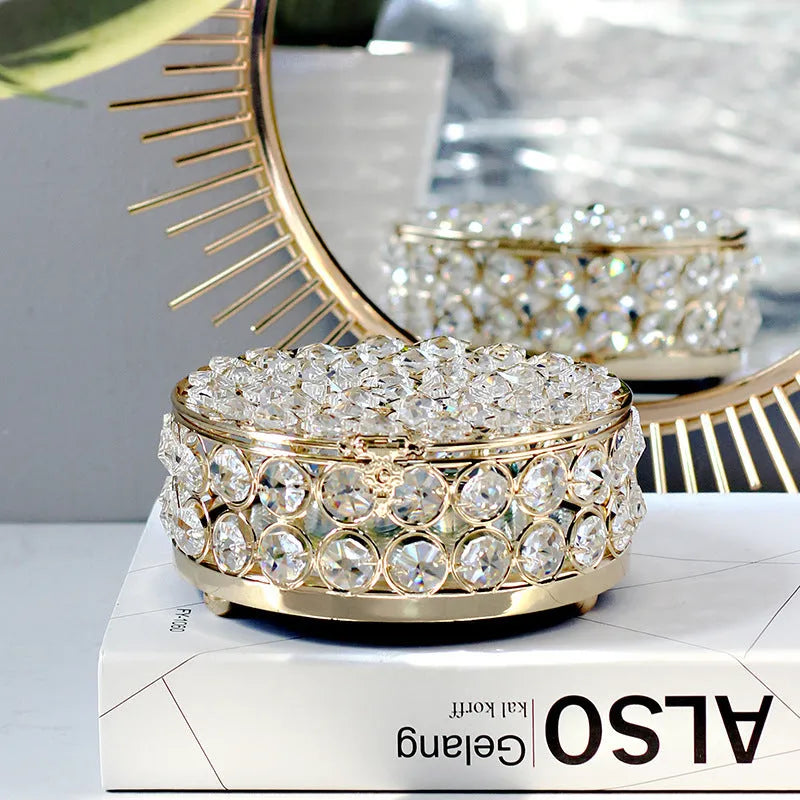 French gold metal jewellery box with crystal glass transparent lid, European style decorative design