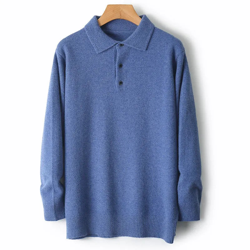 Men's grey polo collar pullover sweater on a hanger, showing long sleeves and knit texture.