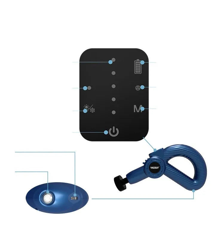 Black smart muscle massage gun with five interchangeable massage heads on a table.