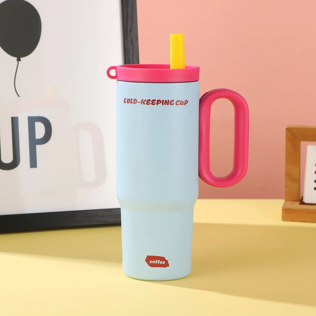 Large insulated straw cup with handle in multiple colour options