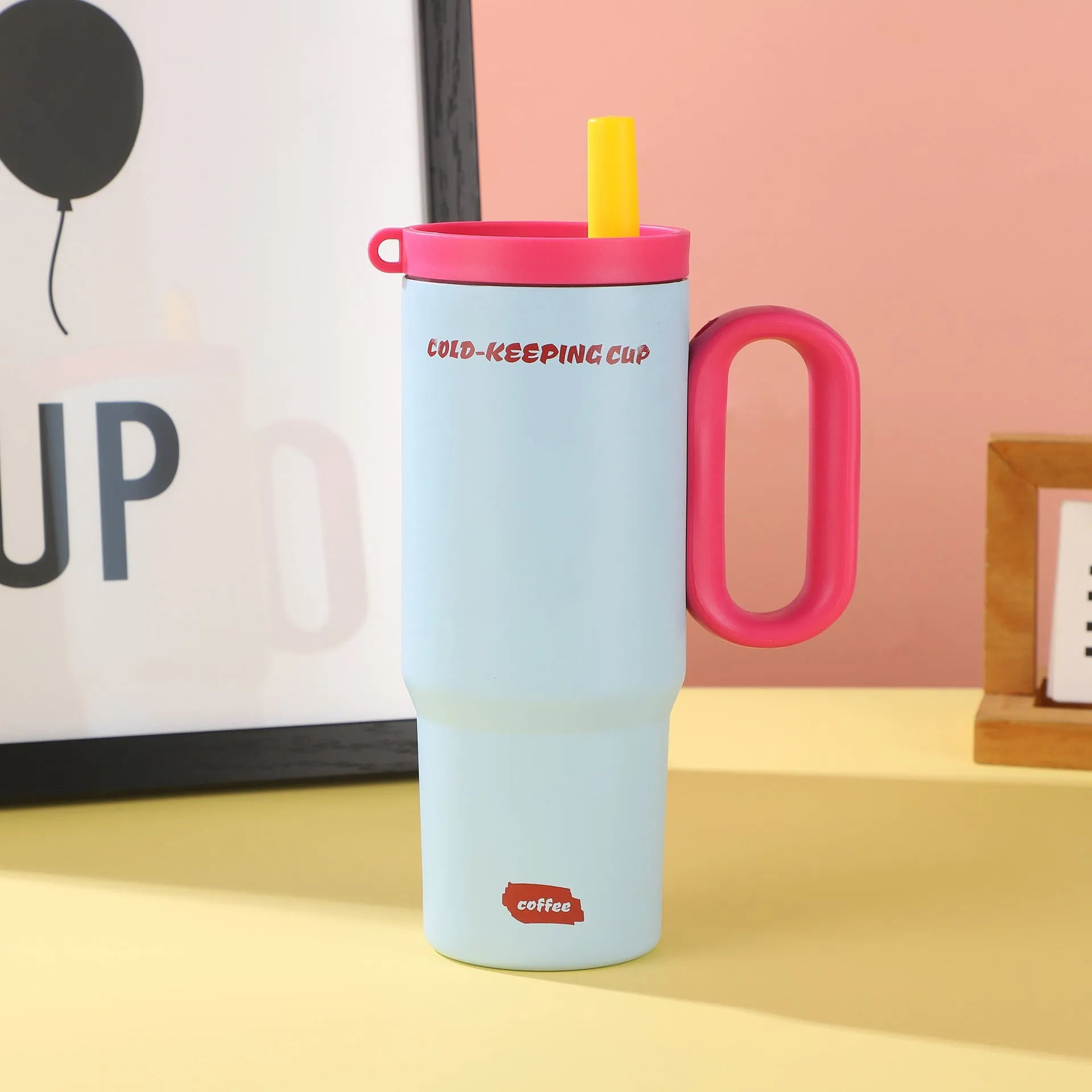 Large insulated straw cup with handle in multiple colour options