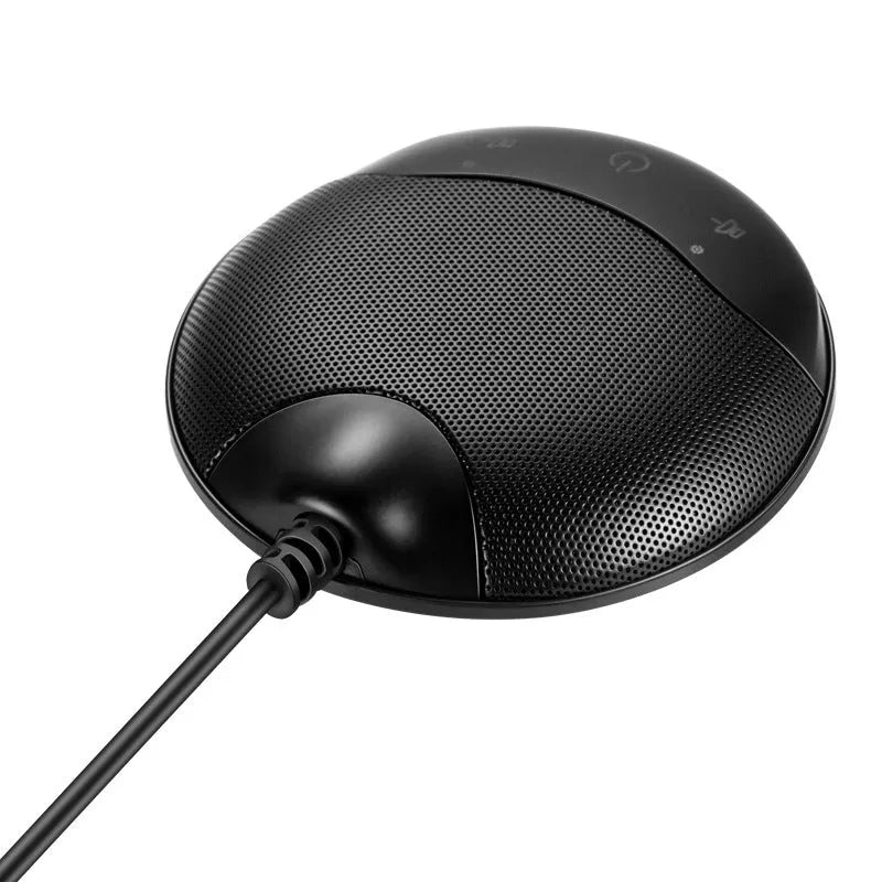 Black USB condenser microphone for conferences and gaming measuring 9x9x1.7cm