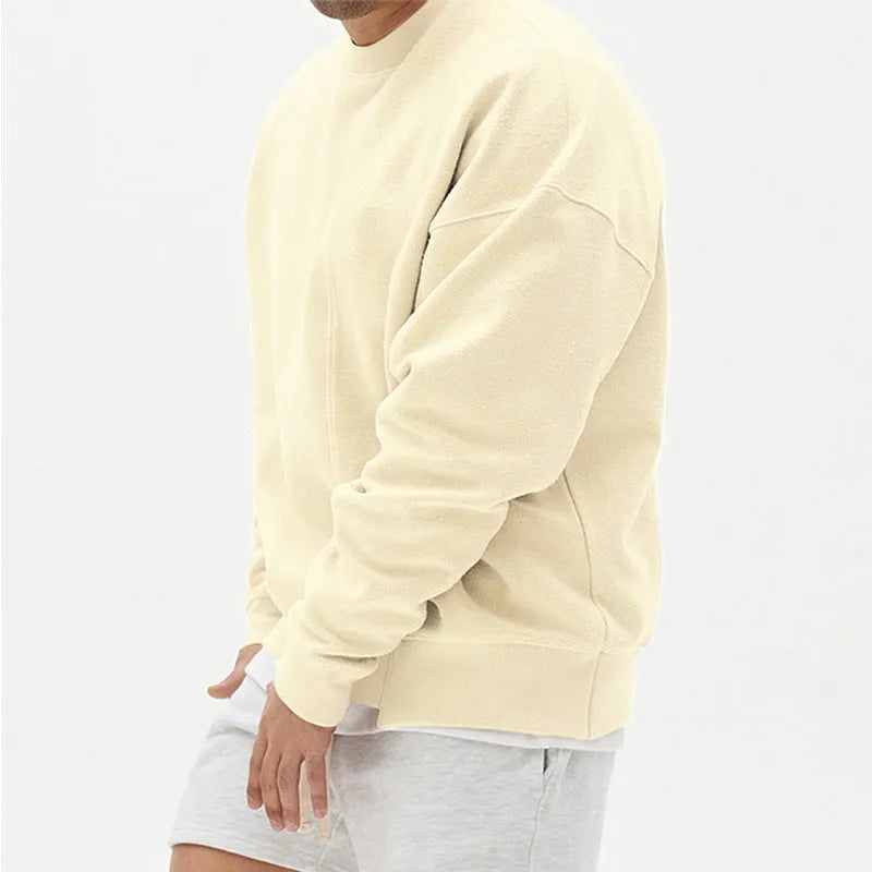 Men's loose fit pullover round neck sweater in khaki cotton blend long sleeve plain pattern