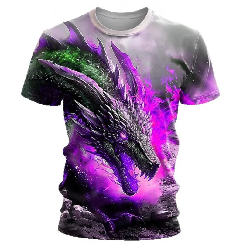 Men's grey T-shirt with a detailed 3D wind dragon graphic on the chest, short sleeves, thin milk silk fabric.