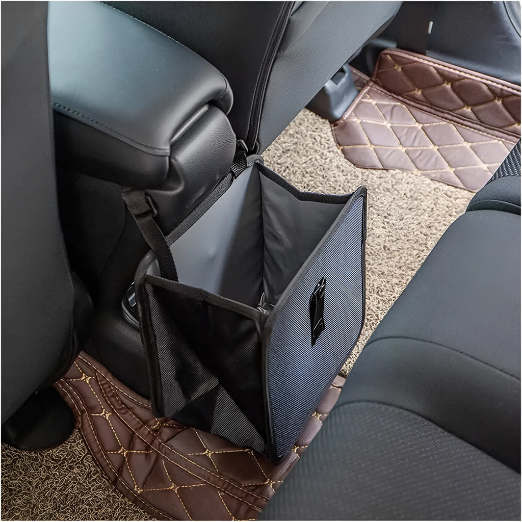 Black waterproof Oxford cloth car hanging trash can folded and unfolded showing 220x145x220mm dimensions