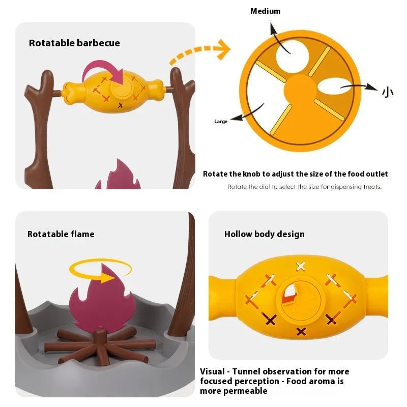 Barbecue-style plastic tumbling cat feeder toy for dispensing freeze-dried treats.