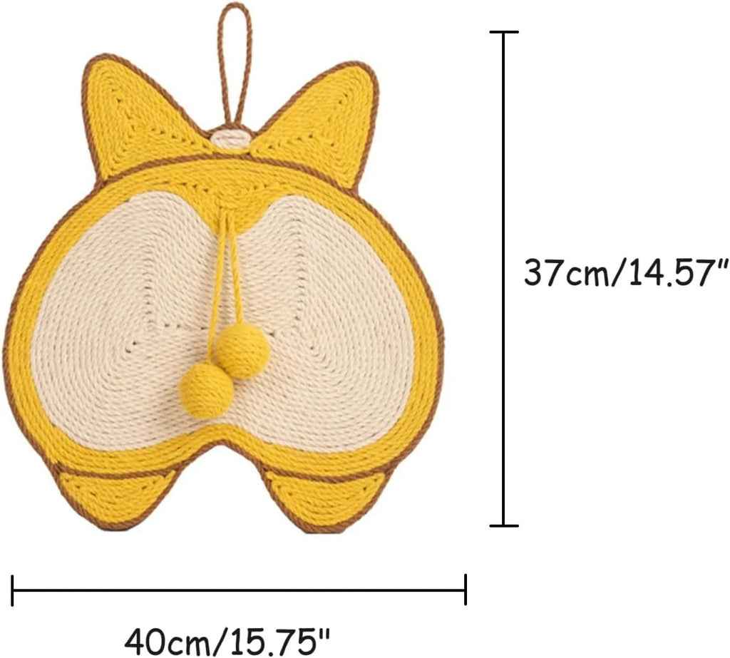 Yellow Corgi design cat scratcher pad with natural sisal surface on anti-slip base