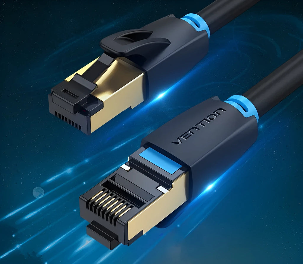 Shielded CAT8 Ethernet network cable with RJ45 plugs in choice of flat or round style, multiple lengths