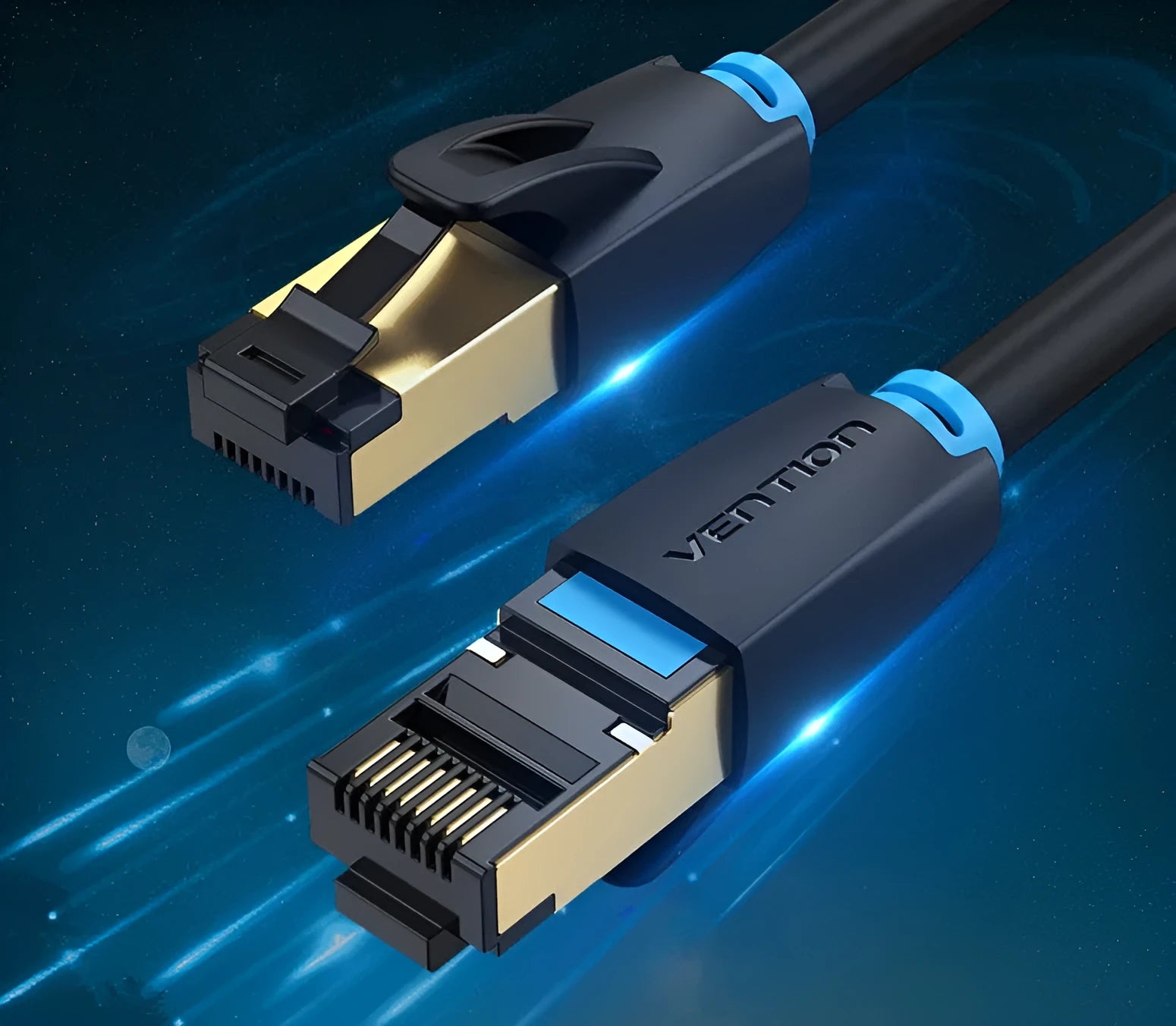 Shielded CAT8 Ethernet network cable with RJ45 plugs in choice of flat or round style, multiple lengths