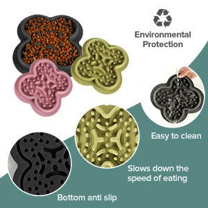 Silicone pet licking pad measuring 19cm by 21cm in five colour variations