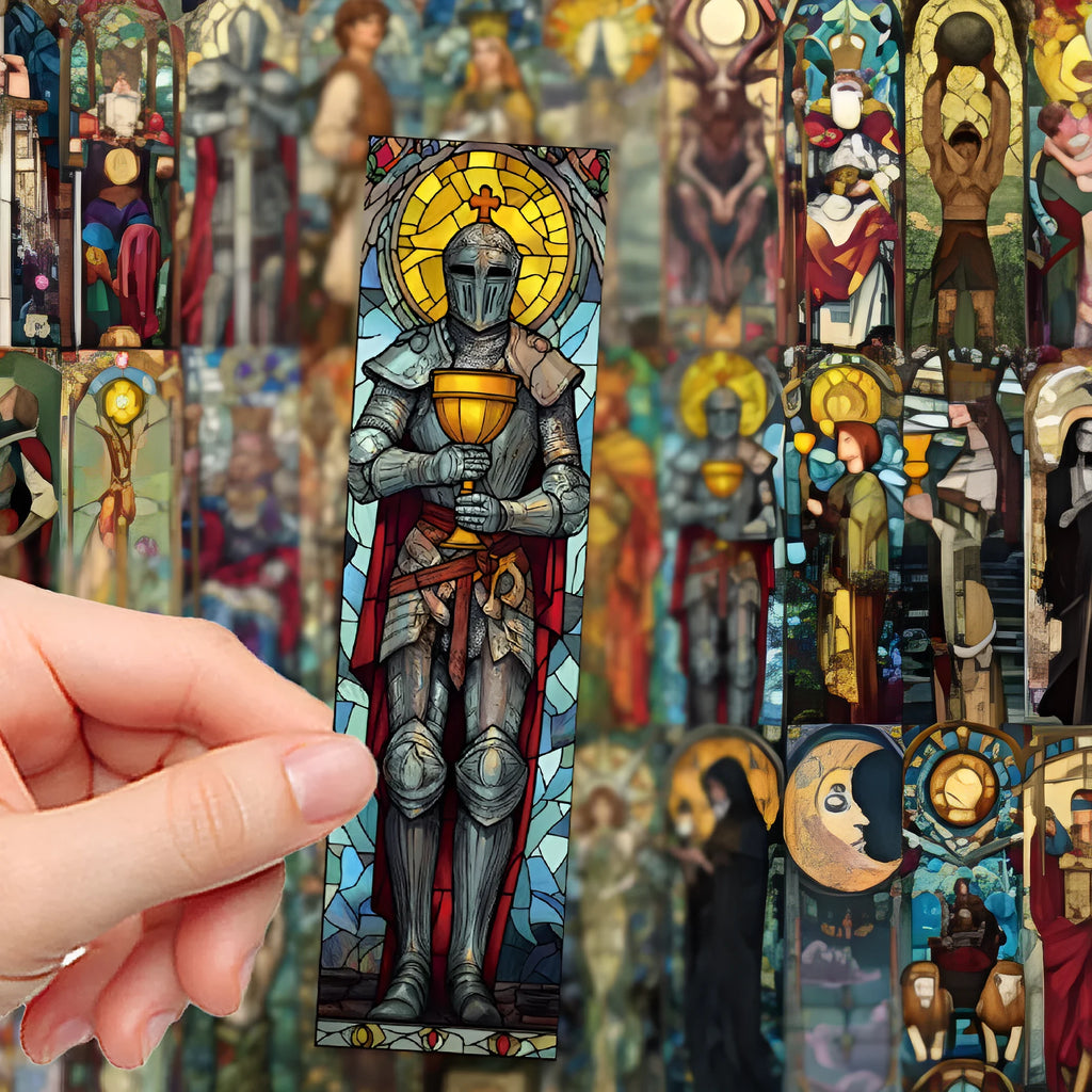 Set of 30 colourful hand-painted tarot card design paper bookmarks laid out flat.