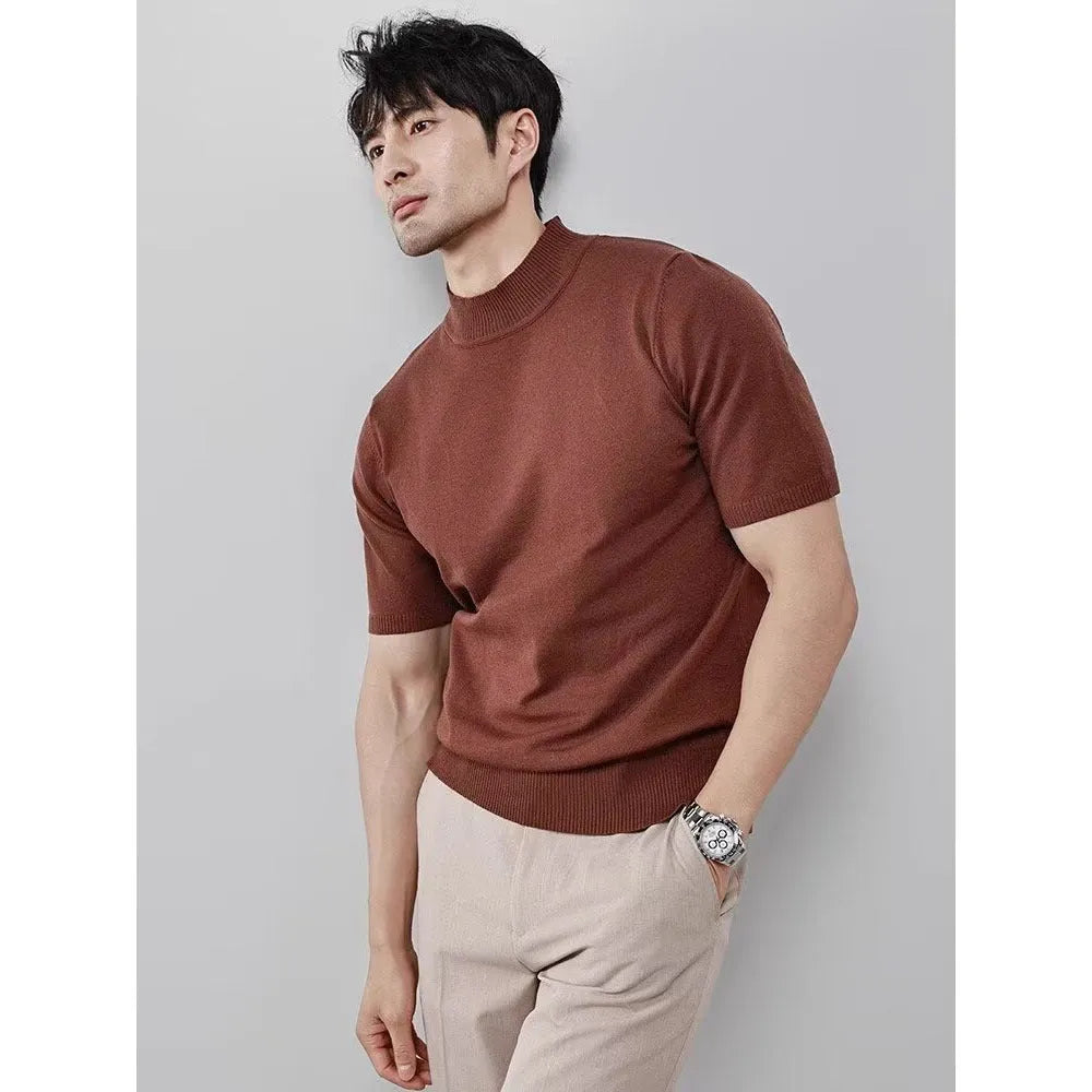 Men's ice silk half turtleneck solid colour slim fit pullover in green on a plain background