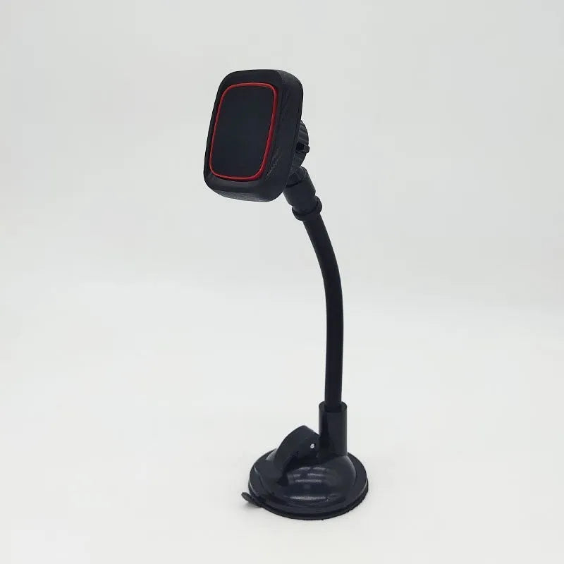 Black universal car phone holder mounted on dashboard air vent with flexible arm extended