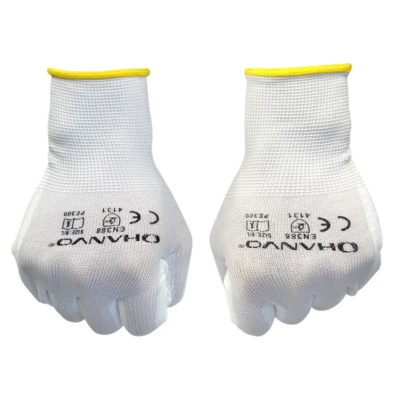 White PU coated labour gloves showing flexible design with extended 24cm length