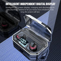 Black X10 Bluetooth wireless earbuds and compact rectangular charging case on a white background.