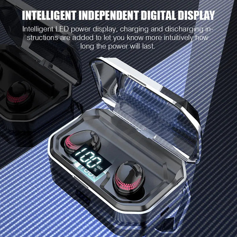 Black X10 Bluetooth wireless earbuds and compact rectangular charging case on a white background.