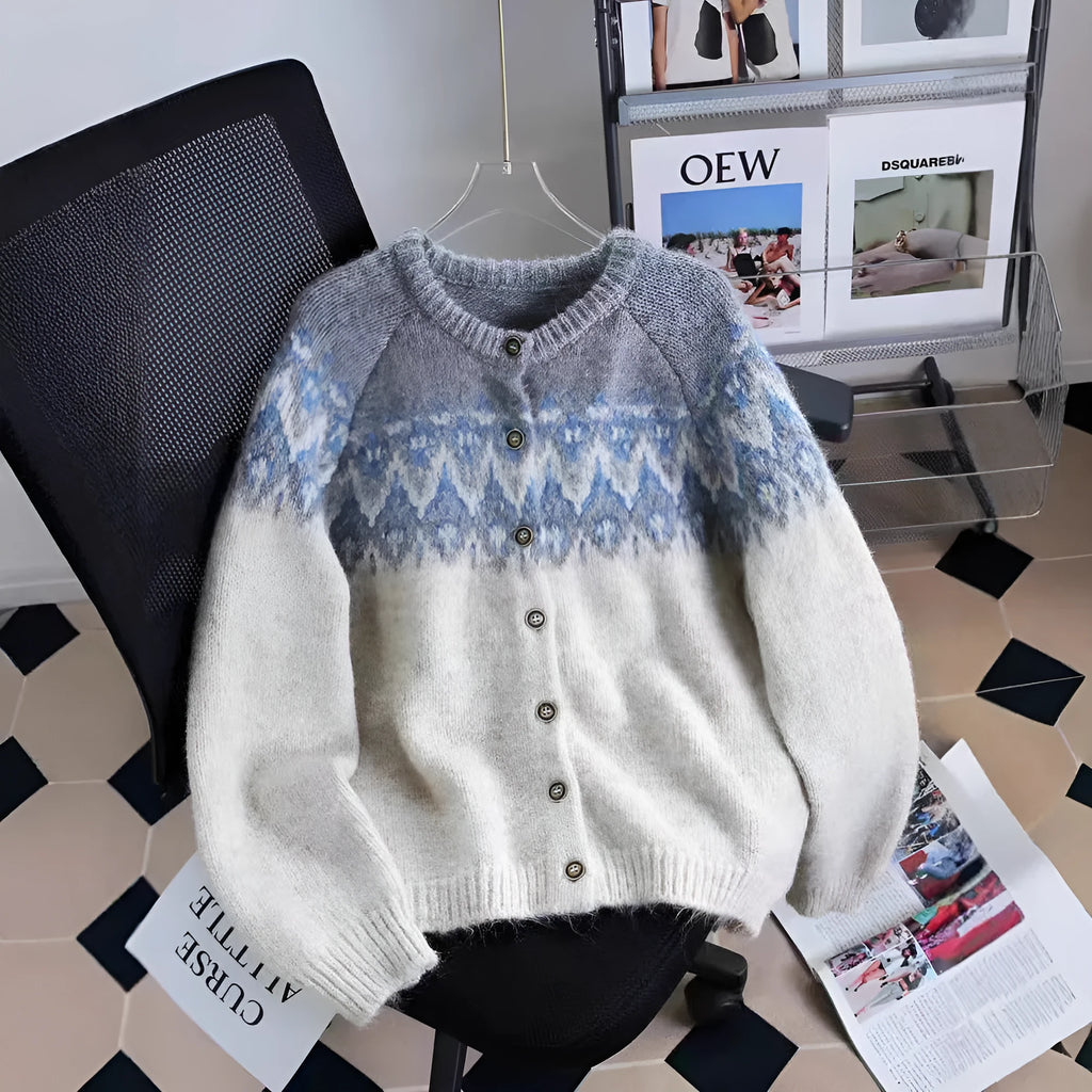 Women's loose fit jacquard sweater coat in milky white, brown or navy blue with long sleeves