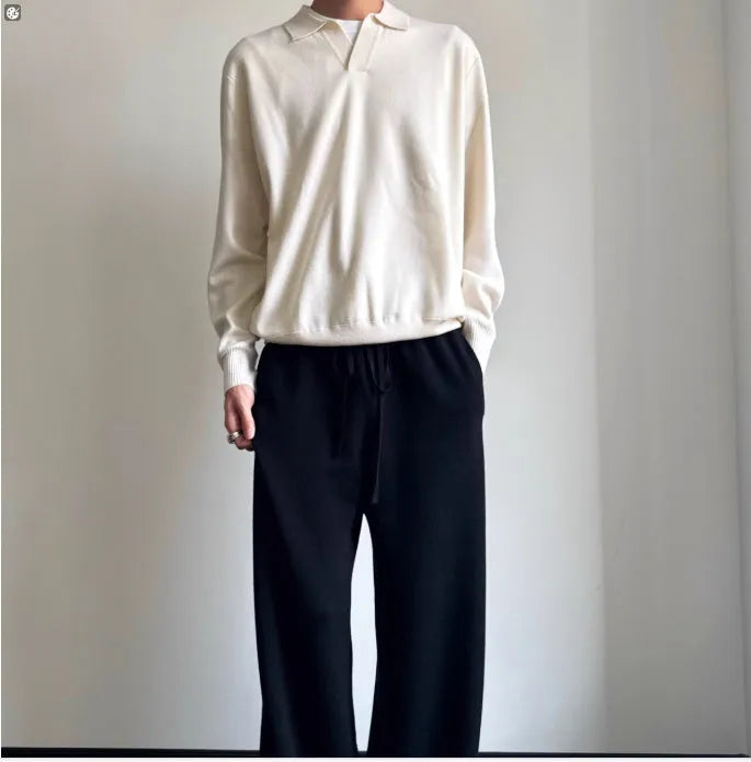 Pure wool loose fit lapel collar polo sweater in milky white or navy blue.