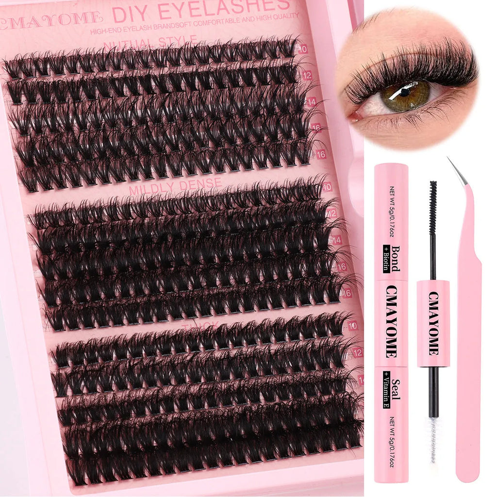 DIY false eyelash extension kit showing single cluster segments and professional tweezers for custom application