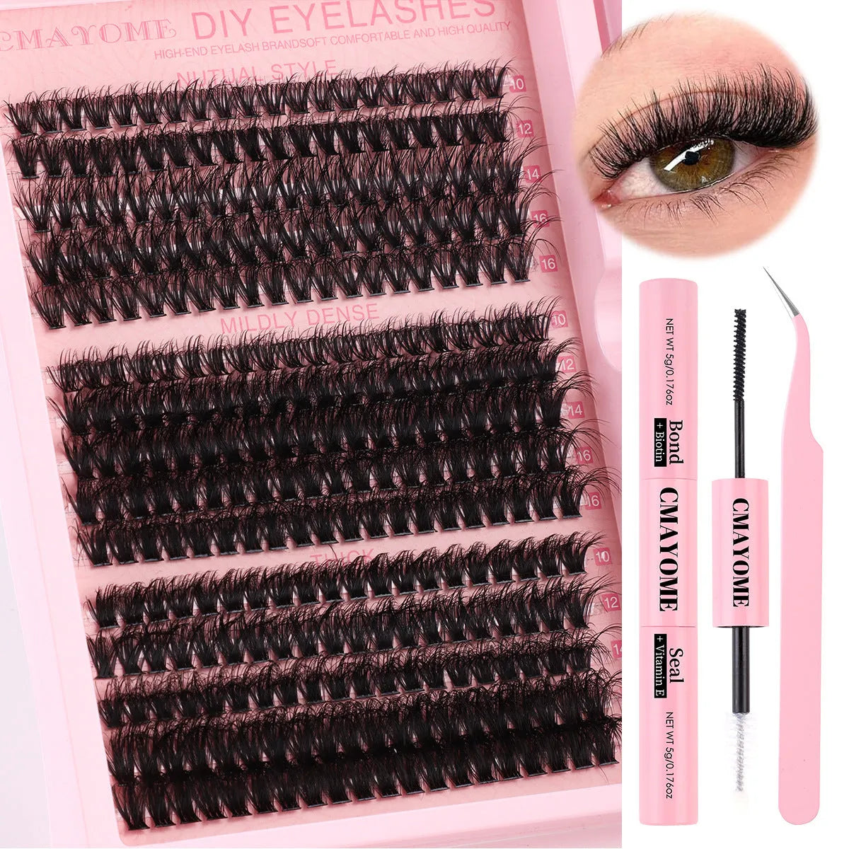 DIY false eyelash extension kit showing single cluster segments and professional tweezers for custom application