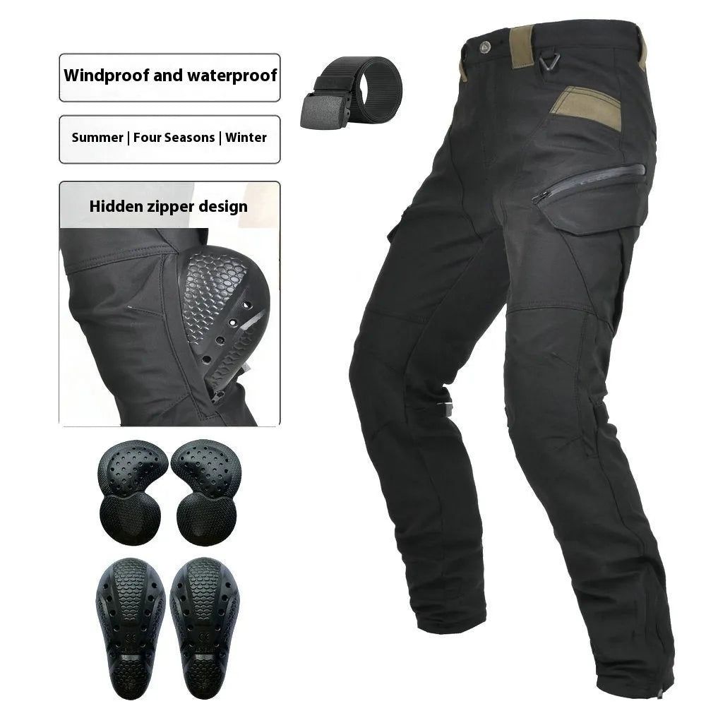 Men's solid colour waterproof windproof motorcycle cycling pants with belt and protective knee pads