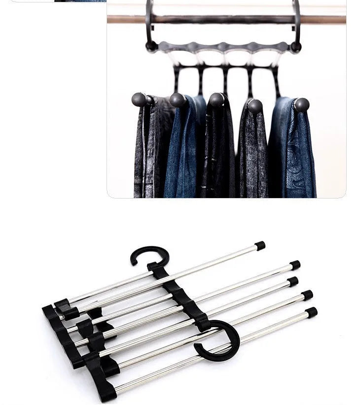 Black stainless steel 5-in-1 multi-functional clothes hanger with five detachable booms