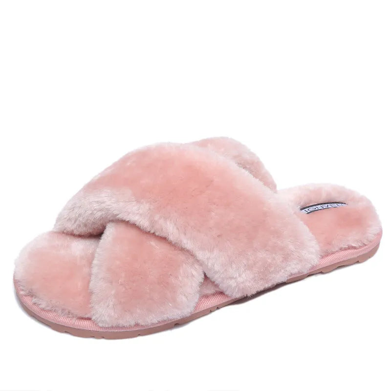 Women's cross strap open-toe fur slippers in multiple colours on a patterned non-slip sole.