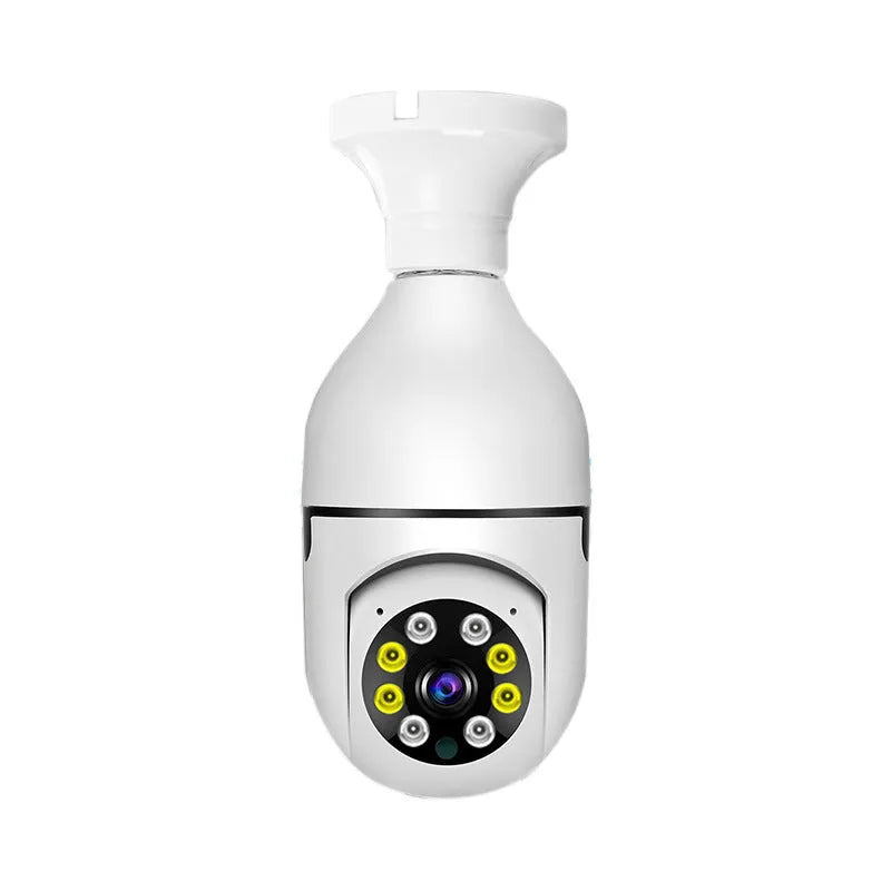 Wireless wifi security bulb camera with plastic and metal construction for indoor and outdoor 1080p monitoring.