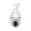 Wireless wifi security bulb camera with plastic and metal construction for indoor and outdoor 1080p monitoring.