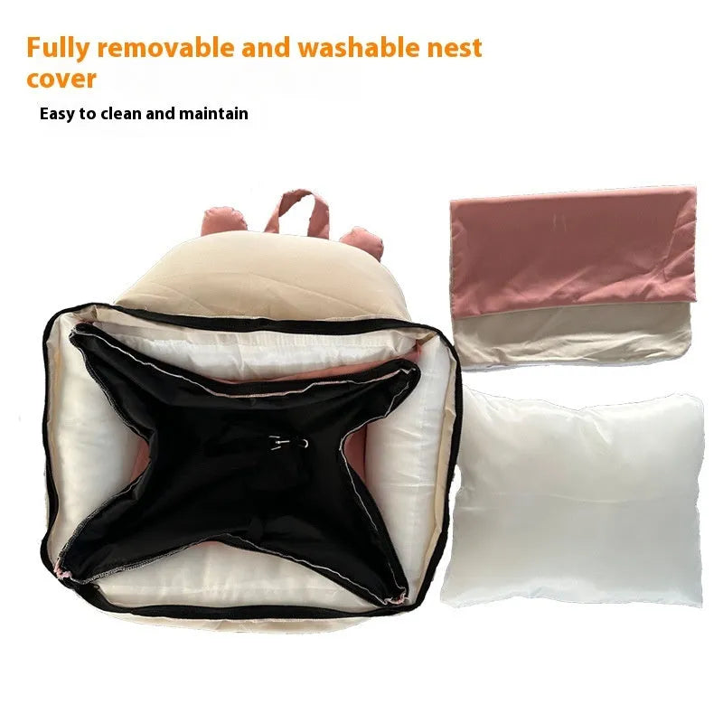 Removable washable dog car kennel in beige, showing M and L size options for vehicle travel.