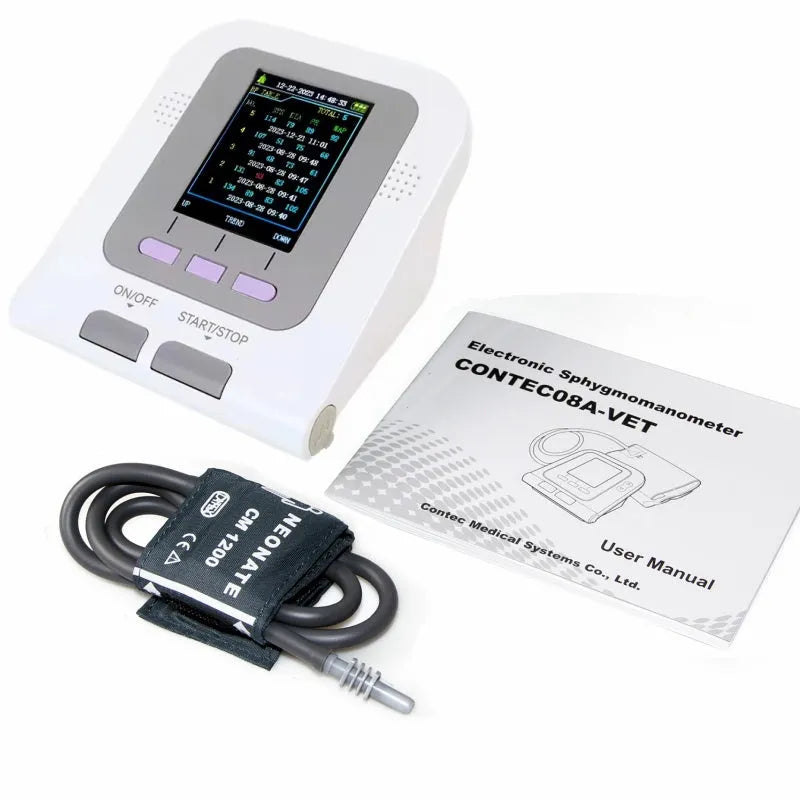 CONTEC08A Vet digital blood pressure monitor with colour screen and animal cuff on a table.