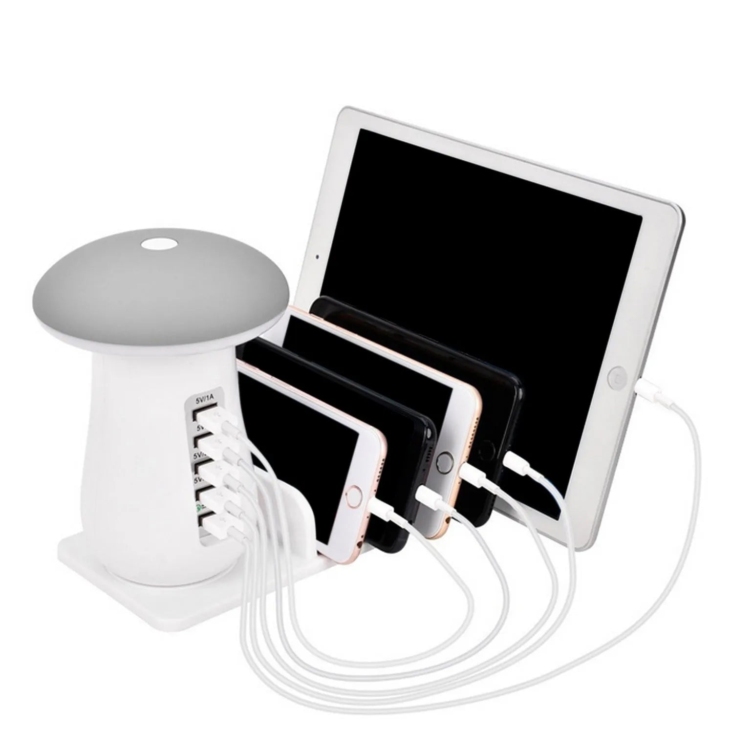 White mushroom-shaped USB charging dock station with five ports and integrated LED night light on a desk.