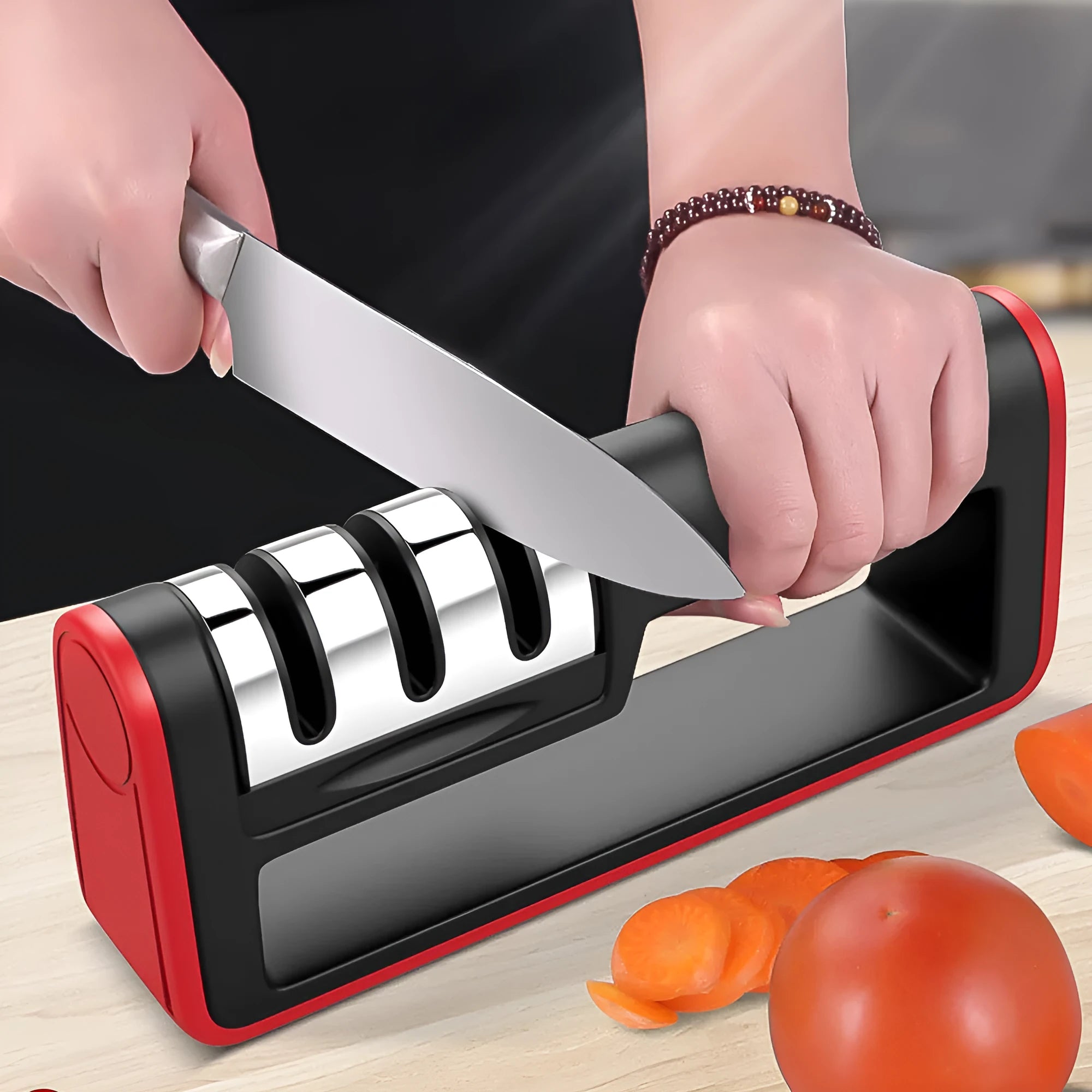 Black and red professional three-stage diamond knife sharpener with non-skid feet