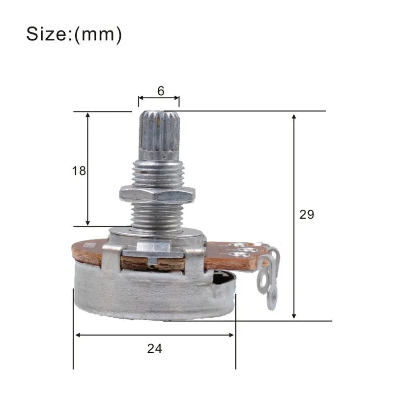 A single metal potentiometer knob for electric guitar, labelled with options A500K Tone, B500K Volume, A250K Tone, B250K Volume.