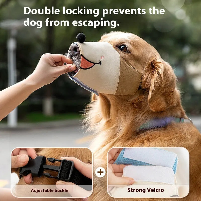 Canvas dog muzzle cover in Ollie brown bear colour, size chart showing S, M, L, XL for dogs 3kg to 50kg.