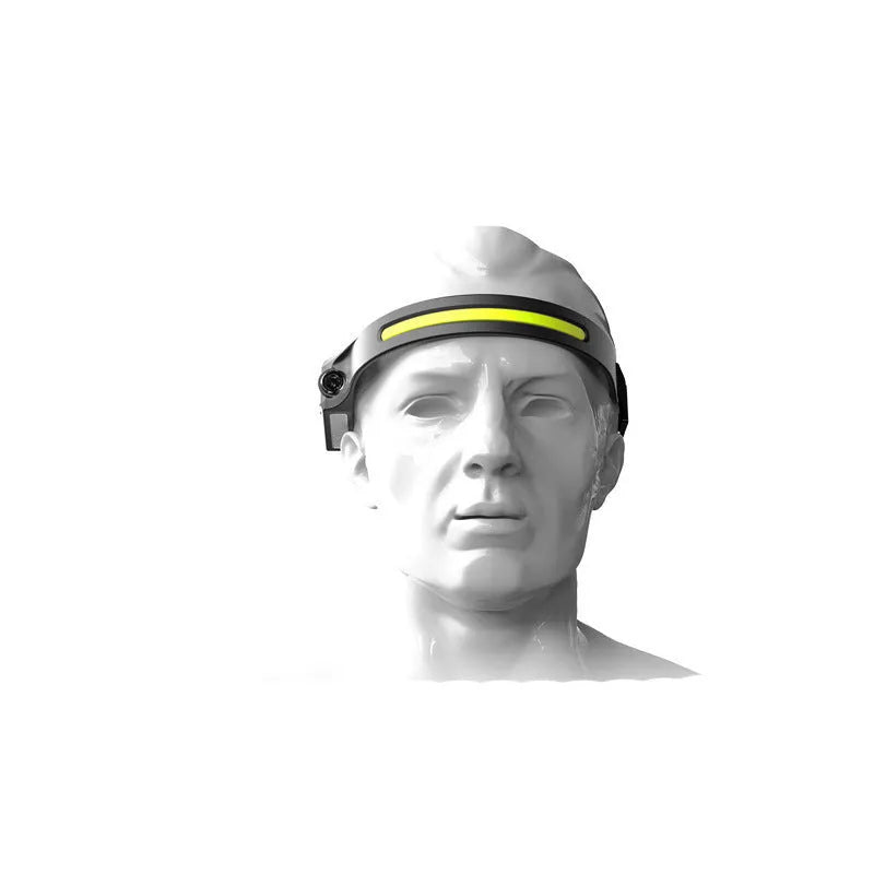 Black silicone USB rechargeable headlamp with wide LED beam, shown with adjustable strap and side wave sensor.