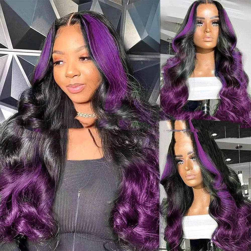 Gradient purple real human hair lace front wig with 13x6 integrated cap construction