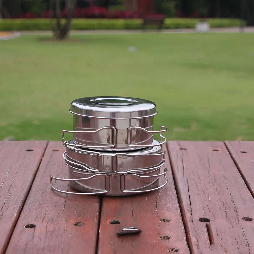 Silver stainless steel camping cookware pot set with 4-piece round design for 2-3 people