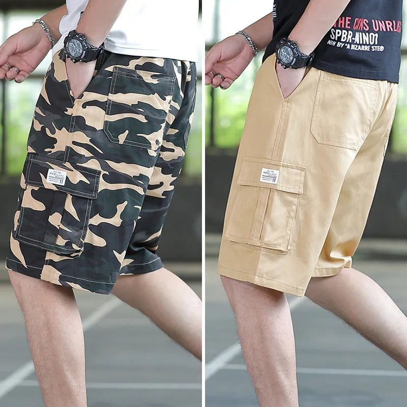 Men's loose fit Korean style casual trousers in camouflage colour, showing relaxed fit and lightweight fabric.