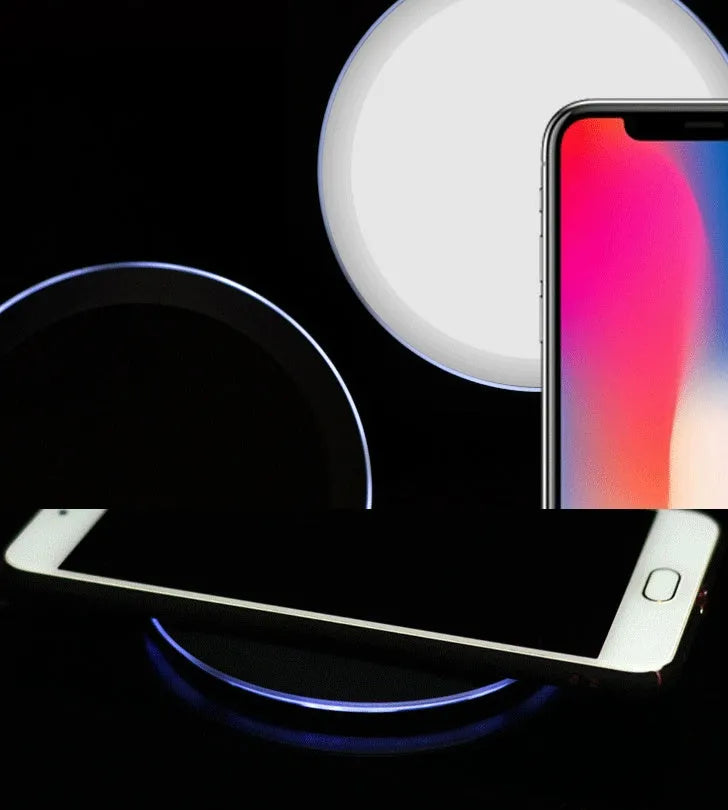 Ultra-thin wireless charger for mobile phone, black, with USB cable, showing charging indicator light