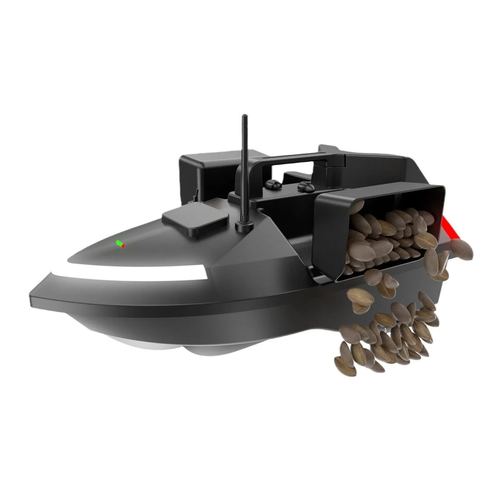 Black GPS remote control fishing boat with antenna and LED light on a calm lake.