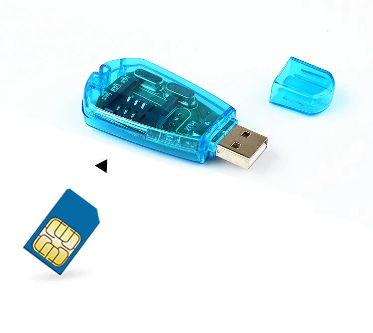 A blue external USB SIM card reader for mobile phones on a flat surface.