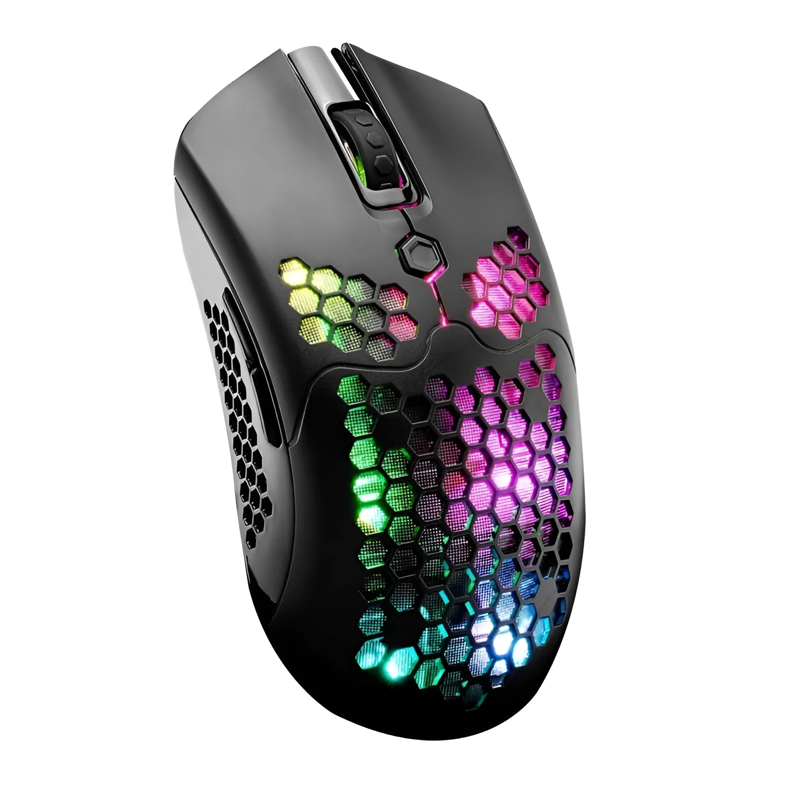 Free Wolf X2 wireless gaming mouse with RGB lighting in multiple colour options on a desk.
